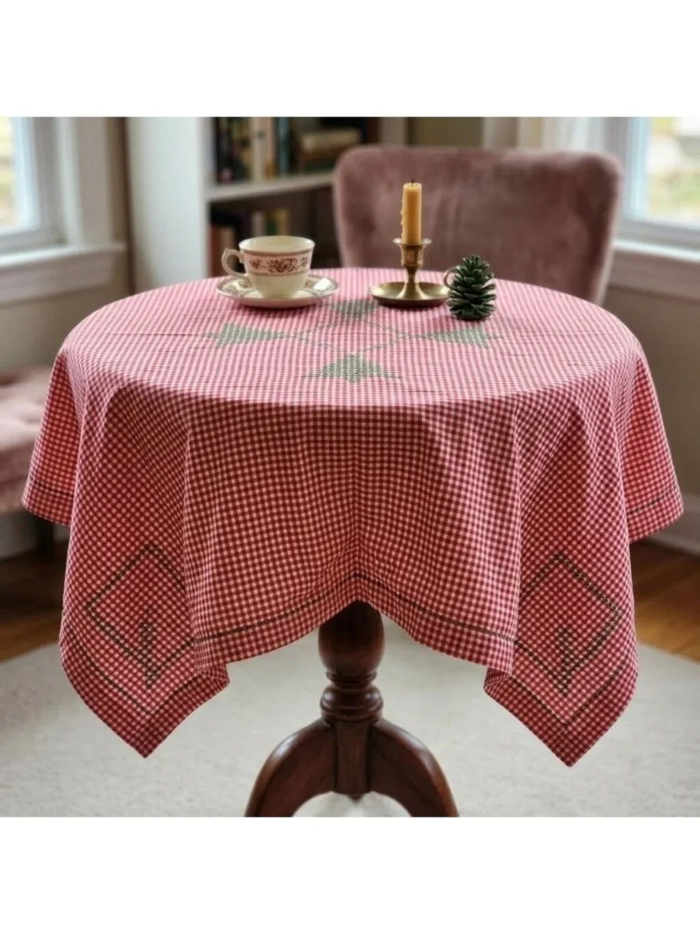 Vintage Red Gingham Tablecloth Hand Embroidered Christmas Tree Cross Stitch 40